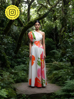 Poppi - Womens White Hibiscus Printed One Shoulder Maxi Dress