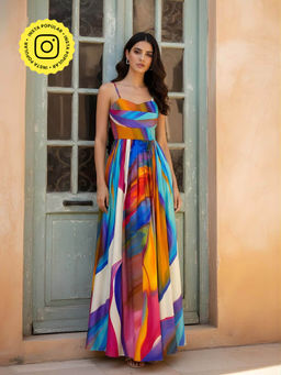 Poppi - Womens Multi-Color Iris Printed Maxi Dress