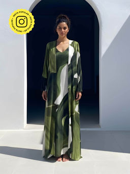 Poppi - Womens Olive Jade Printed Maxi Slip Dress With Cape