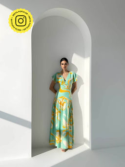 Poppi - Womens Green Junia Printed Maxi Dress