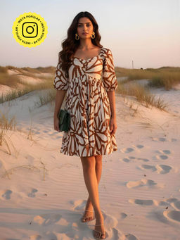 Poppi - Womens Cream Outline Printed Mini Dress