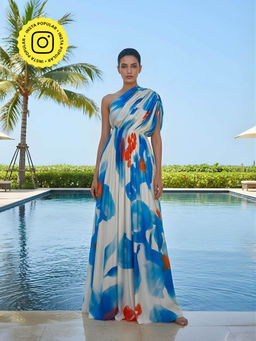 Poppi - Womens White Skyla Printed One - Shoulder Maxi Dress