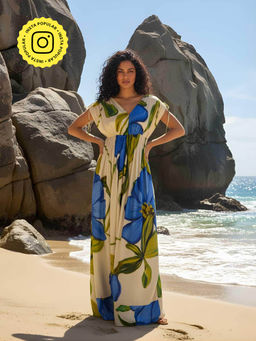 Poppi - Blue Cobalt Floral Printed V-Neck Maxi Dress