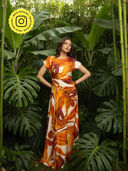 Poppi - Brown Fall Floral Printed Maxi Dress