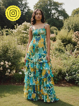 Poppi - Green Mint Floral Printed Ruffled Maxi Dress