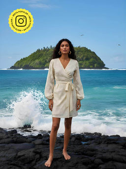 Poppi - White Palm Crochet Wrap Dress
