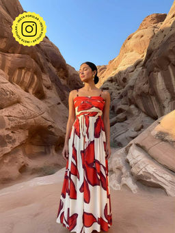 Poppi - Rust Scarlet Floral Printed Strappy Dress