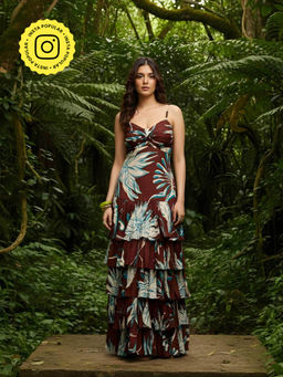 Poppi - Brown Willow Floral Printed Ruffled Maxi Dress