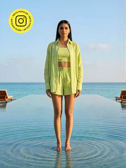 Poppi - Green Linear Printed Shirt and Shorts Set with Bustier