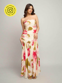 Poppi - Cream Rose Printed Maxi Dress With Versatile Detachable One-Shoulder Drape