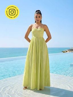 Poppi - Green Linear Printed Maxi Dress