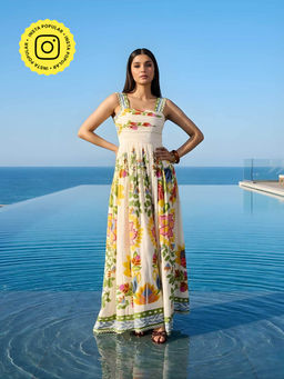 Poppi - Cream Vine Printed Maxi Dress
