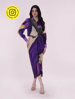Poppi - Purple Wisteria Printed Shirt and Wrap Skirt Set