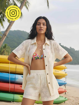 Poppi - Ivory Palm Crochet Shirt and Shorts Set