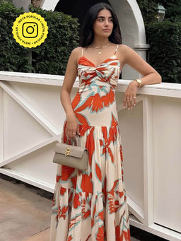 Poppi - Tuscan Printed Strappy Maxi Beige Dress