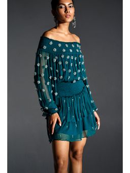KANGANA TREHAN - Teal Ruched Sleeves Dress with Swarovski Crystals