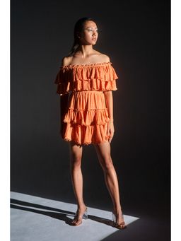 KANGANA TREHAN - Orange Off-Shoulder Sequinned Ruffle Dress