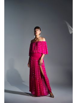 KANGANA TREHAN - Hot Pink Off Shoulder Maxi Dress with Slits
