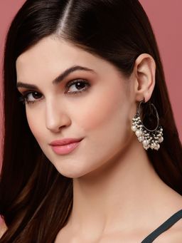 PANASH - Silver Plated and off White Pearl Circular Hoop Earrings