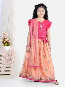 Kinder Kids - Peach Lehenga with Short Sleeves Embroidered Top and Dupatta (Set of 3)
