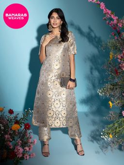 Gajra Gang - Banaras Grey Brocade Straight Kurta GGKUR10