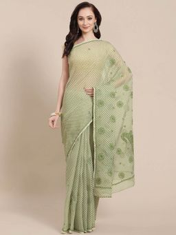 ADA - Hand Embroidered Green Kota Traditional Lucknow Chikan Saree with Unstitched Blouse A311348