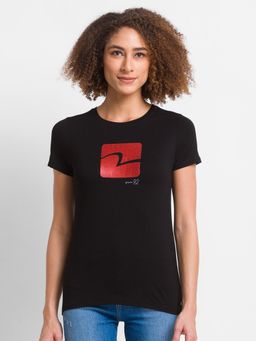Spykar - Black Cotton Blend Half Sleeve Printed Casual T-shirt For Women