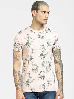 Jack & Jones - Pink Flora Print Crew Neck T-shirt