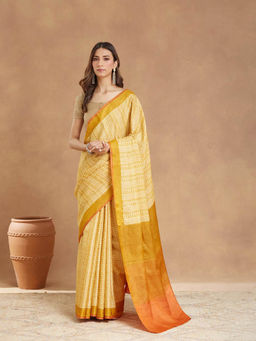 Fabindia - Mustard Silk Hand Block Printed Saree Without Blouse