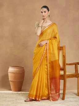 Fabindia - Mustard Silk Blend Hand Block Printed Saree Without Blouse