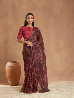 Fabindia - Wine Silk Dabu Printed Saree Without Blouse