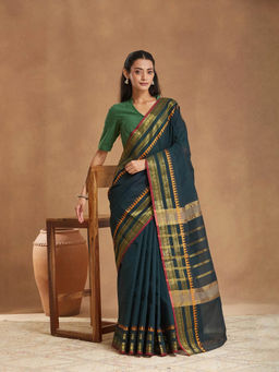 Fabindia - Green Cotton Blend Saree With Unstitched Blouse