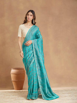 Fabindia - Teal Cotton Silk Blend Hand Block Printed Saree Without Blouse