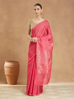 Fabindia - Pink Silk Blend Hand Woven Saree Without Blouse