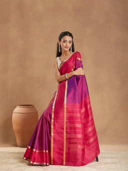 Fabindia - Pink Silk Blend Saree With Unstitched Blouse