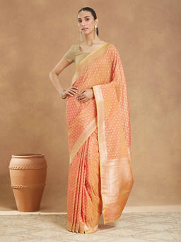 Fabindia - Peach Viscose Blend Banarsi Saree Without Blouse