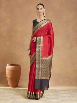 Fabindia - Red Silk Blend Woven Saree Without Blouse