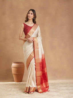 Fabindia - Off White Silk Blend Maheshwari Saree Without Blouse