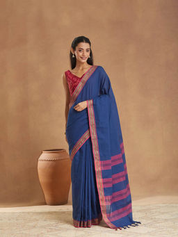 Fabindia - Blue Cotton Blend Saree Without Blouse