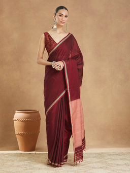 Fabindia - Maroon Cotton Saree Without Blouse