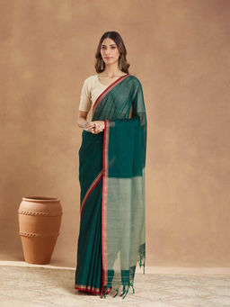 Fabindia - Green Cotton Saree Without Blouse