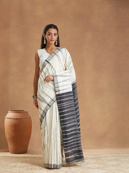 Fabindia - Off White Silk Saree With Unstitched Blouse