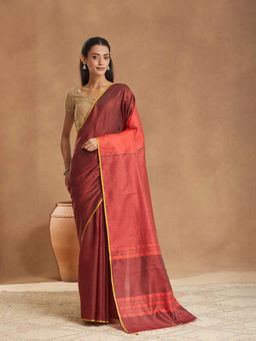 Fabindia - Maroon Silk Saree With Unstitched Blouse