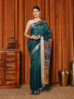 MEENA BAZAAR - Printed Green Art Silk Saree With Unstitched Blouse