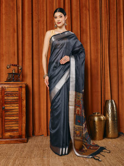 MEENA BAZAAR - Printed Blue Art Silk Saree With Unstitched Blouse