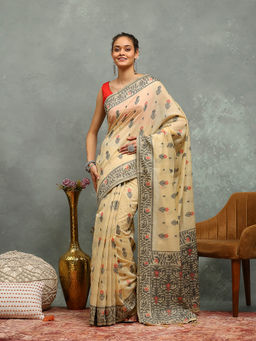 MEENA BAZAAR - Beige Cotton Saree With Unstitched Blouse
