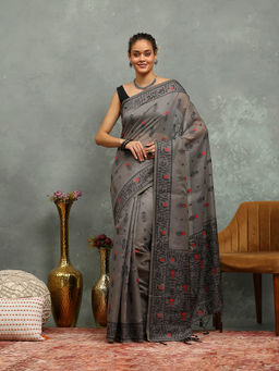 MEENA BAZAAR - Grey Cotton Saree With Unstitched Blouse