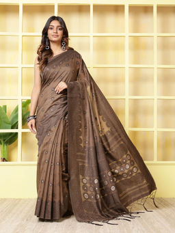 MEENA BAZAAR - Brown Cotton Saree With Unstitched Blouse