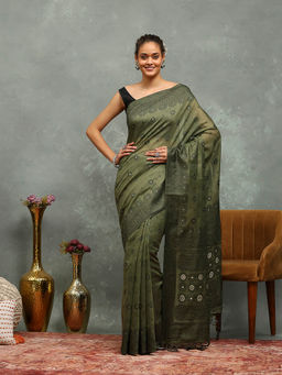 MEENA BAZAAR - Green Cotton Saree With Unstitched Blouse