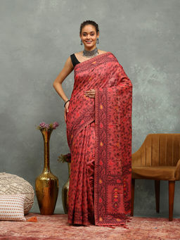 MEENA BAZAAR - Red Cotton Saree With Unstitched Blouse
